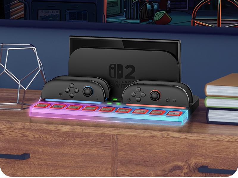 i-Blason Charging Dock Storage Base for Nintendo Switch 2 JoyCon Controllers [9 Game Card Slots] [Ambient Lighting] All-in-one Charging Station Storage Stand Organizer with USB Charging Cable
