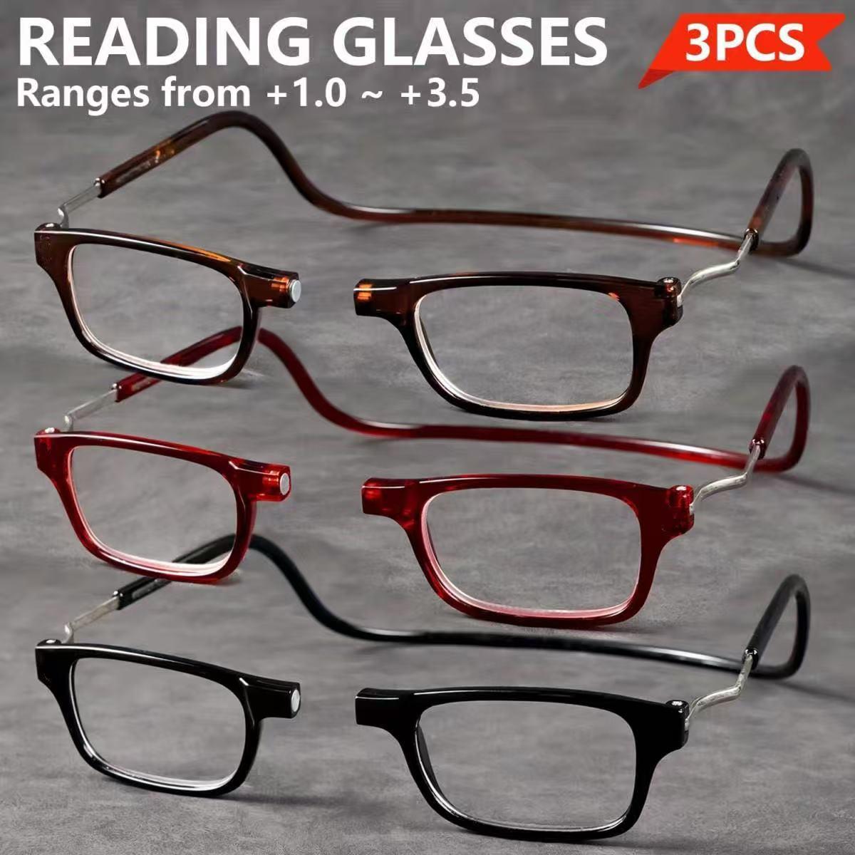 3pcs Magnetic Rectangle Reading Glasses | Small Square Eyeglasses Around Neck Hanging, Lightweight, Adjustable Temple, PC Frame, Farsightedness