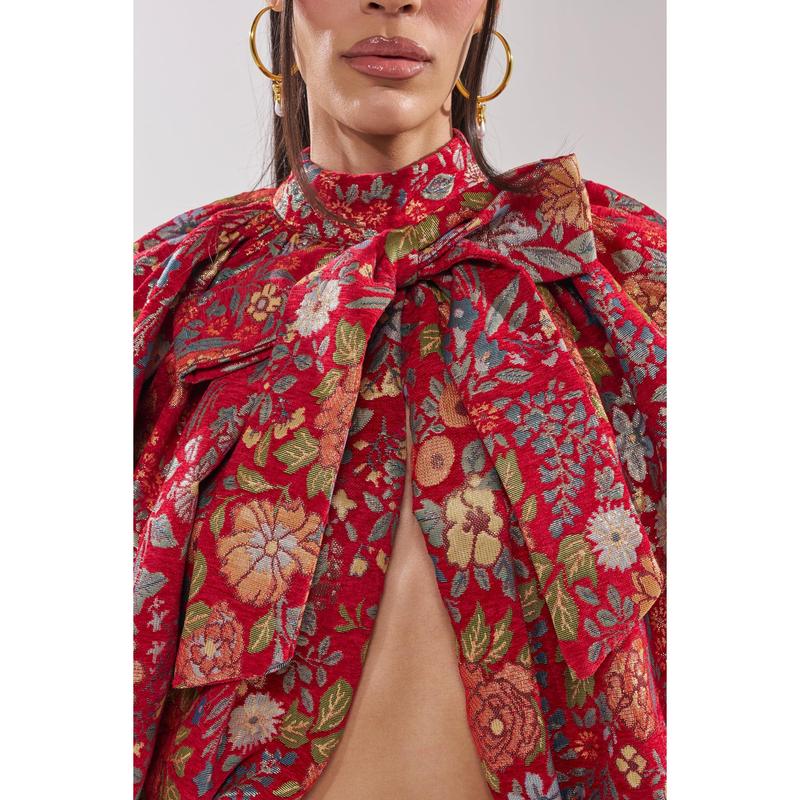 ETHEREAL FLORAL PUFF SLEEVE BROCADE TOP