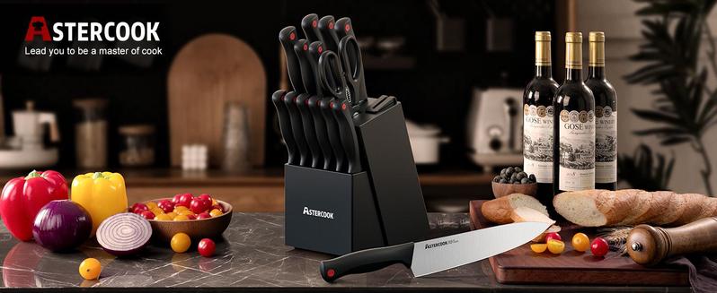 Astercook Knife Set, 14 Counts Kitchen knives Set with Built-in Sharpener,Sharp & Rust Resistant Dishwasher Safe, Block