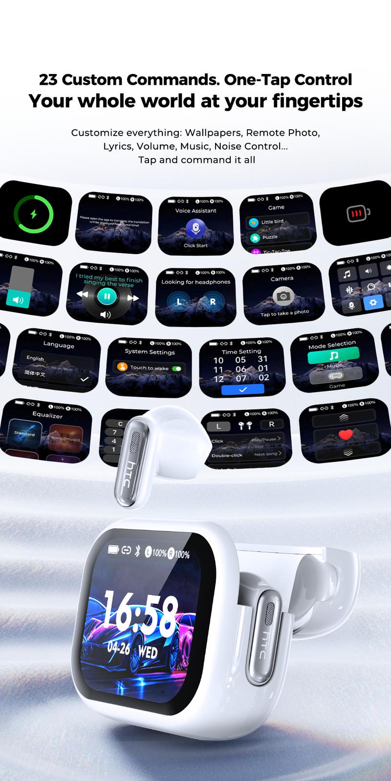 HTC NE68 Bluetooth 6.0 Earphones LCD Touch Screen IPX5 Waterproof Wireless Headphones 60H Playtime, HD Stereo Sound Earbuds, Built-in Microphone for Travel Learning Business