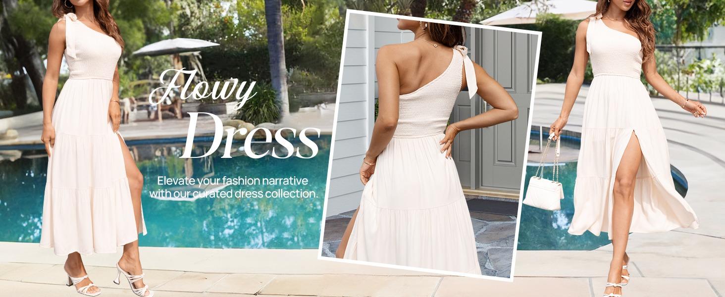 MEROKEETY Women's Summer One Shoulder Sleeveless Knot Smocked Midi Dress Split Tiered Flowy Dresses MEROKEETY Women's Summer One Shoulder Sleeveless Knot Smocked Midi Dress Split Tiered Flowy Dresses