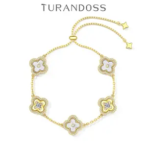 Turandoss 14K Gold Plated Lucky Clover Bracelet - Four Leaf Clover Flower Bracelet Everyday Jewelry - Hypoallergenic & Adjustable - Meaningful Birthday Gift for Her