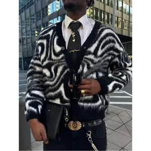 Casual Loose V-Neck Button Cardigan, Zebra Print, High Street Style Unisex Top, Suitable For Spring, Autumn & Winter