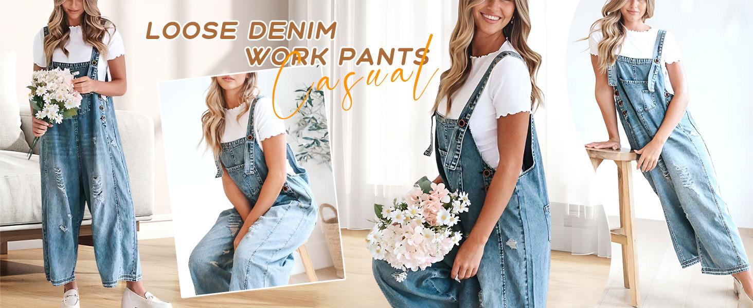 Ebossy Women Minimalist Blue Loose Strappy Adjustable Strap Denim Bib Overall Jeans Distressed Wide Leg Baggy Overalls Jumpsuit Womenswear Basic Ebossy Women Minimalist Blue Loose Strappy Adjustable Strap Denim Bib Overall Jeans Distressed Wide Leg Baggy Overalls Jumpsuit Womenswear Basic