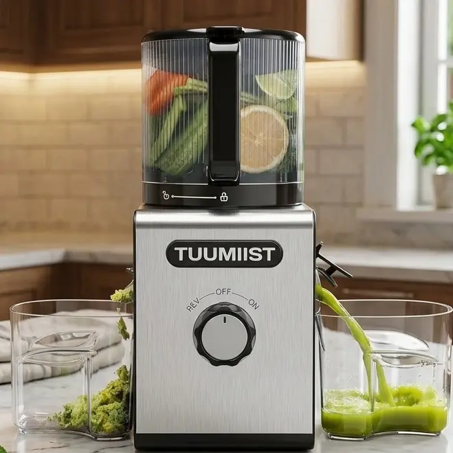 TUUMIIST Cold Press Juicer Machine - Counter Top, 6.5in Large Chute for Whole Fruits & Vegetables, 350W Power, 100oz Capacity, High Juice Yield, Easy To Clean, Only Starts When Assembled, SummerVibes, Max Nutrient