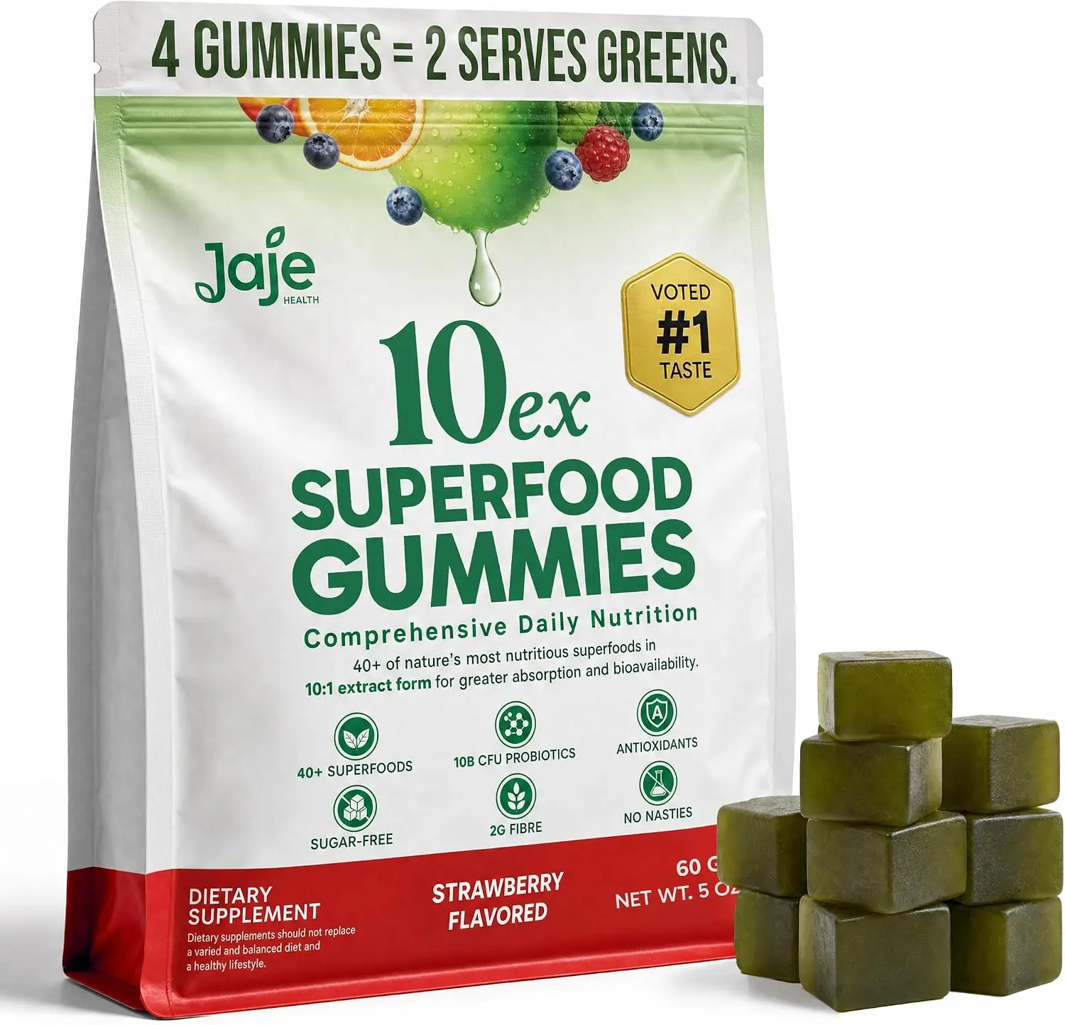 Jaje 10ex Superfood Gummies with Probiotics | 40+ Superfood & Greens Extracts | Strawberry or Apple Flavor | Sugar Free, Vegan, Gluten Free | 60 or 120 Gummies, Adults