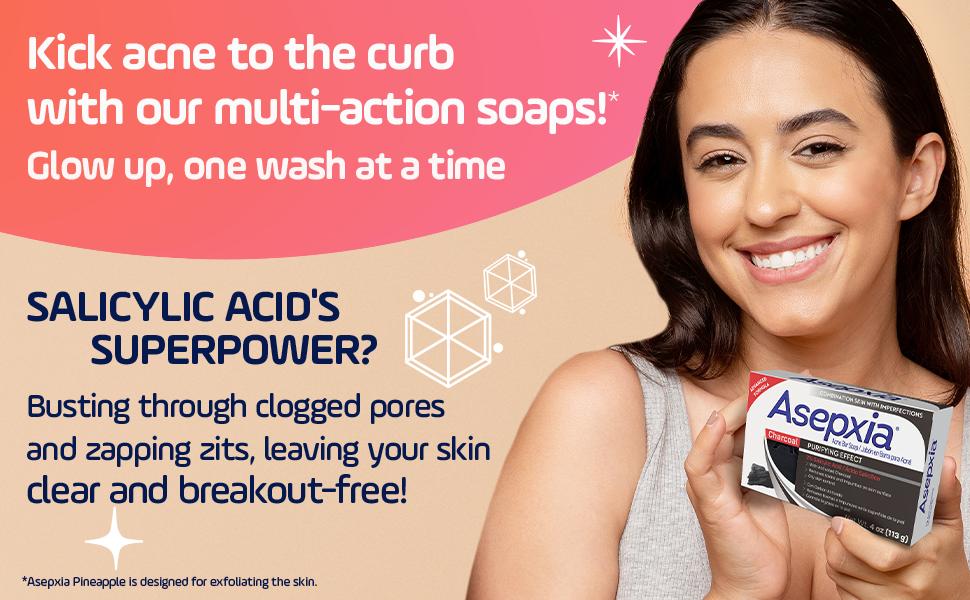 Asepxia with Activated Charcoal, 5 Pack, Purifying Effect Acne Treatment Bar Soap with Salicylic Acid, 4 Ounce each, 5Pack Asepxia with Activated Charcoal, 5 Pack, Purifying Effect Acne Treatment Bar Soap with Salicylic Acid, 4 Ounce each, 5Pack