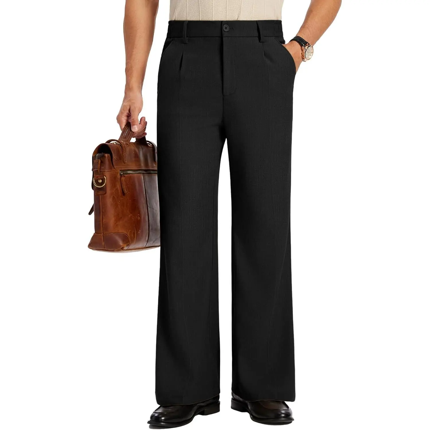 Susclude Men's Bootcut Casual Pants - Old Money Cut, Flare Fit, Pleated Elastic Waist, Wrinkle-Free Vintage Slacks, Multi-Size for Business Casual & Aesthetic Wear, Business Casual Men's Pants, Aesthetic Men's Pants