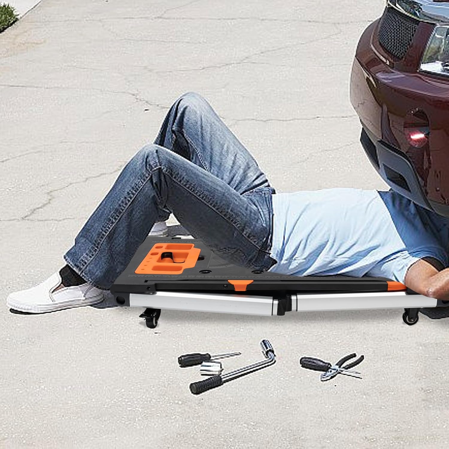 TECSPACE 7in1 Work Bench Multifunctional Portable Foldable Workbench Painted Work Table as Workbench, Scaffold,Platform,Sawhorse,Car Creeper and Hand Truck with 4 Wheels