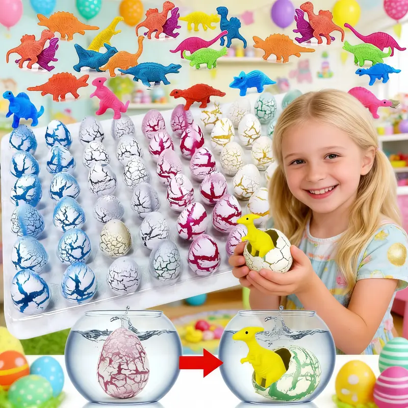 60PCS Unisex Eco-Safe 0.8" x 1.2" Grow-in-Water Dinosaur Egg Capsules with Mini Dino Reveal Toys, Valentine-Christmas Party Favors, Dinosaur Birthday Prizes for Cultivating Children's Patience