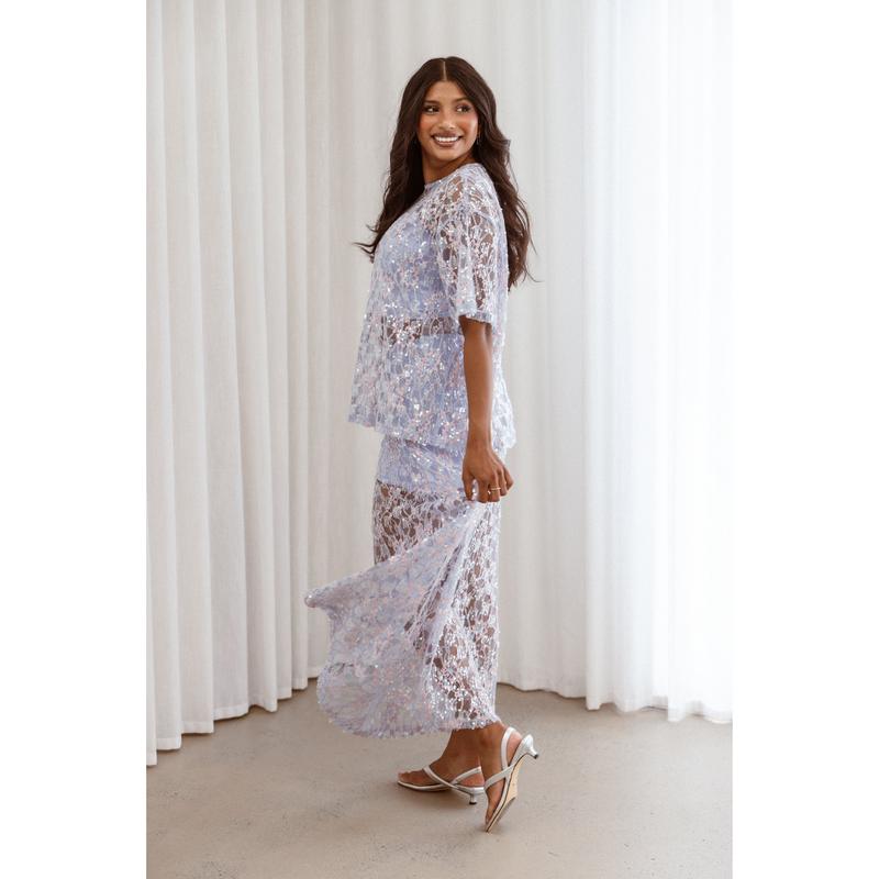 Yonder Sheer Panel Lace Maxi Skirt - Purple