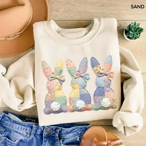 Gildan PRINT Patchwork Easter Bunny Sweatshirt, Cute Vintage Cottagecore Bunny Sweater, Cozy Spring Pullover, Easter Holiday Outfit