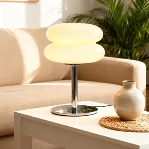 Creamy Yellow Hamburger Table Lamp with 3-Color Dimmable E26 Bulb Glass Shade Modern Minimalist Desk Lamp for Bedroom Living Room Office