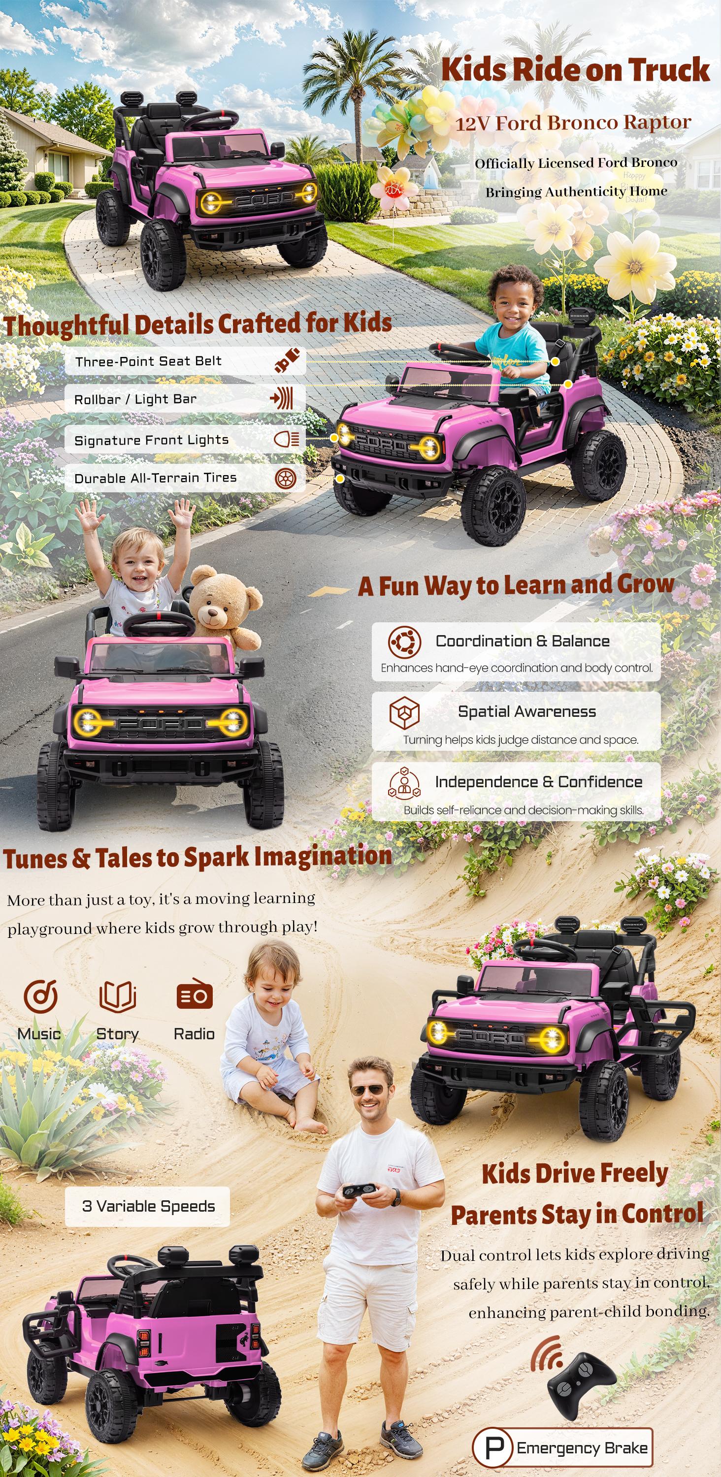 First Ride On 12V Licensed Ford Bronco Raptor Ride On Car for Kids, Electric Truck with Remote Control, LED Lights & Music, Outdoor Kids Gift, Best Christmas Gift for Kids, Black Friday