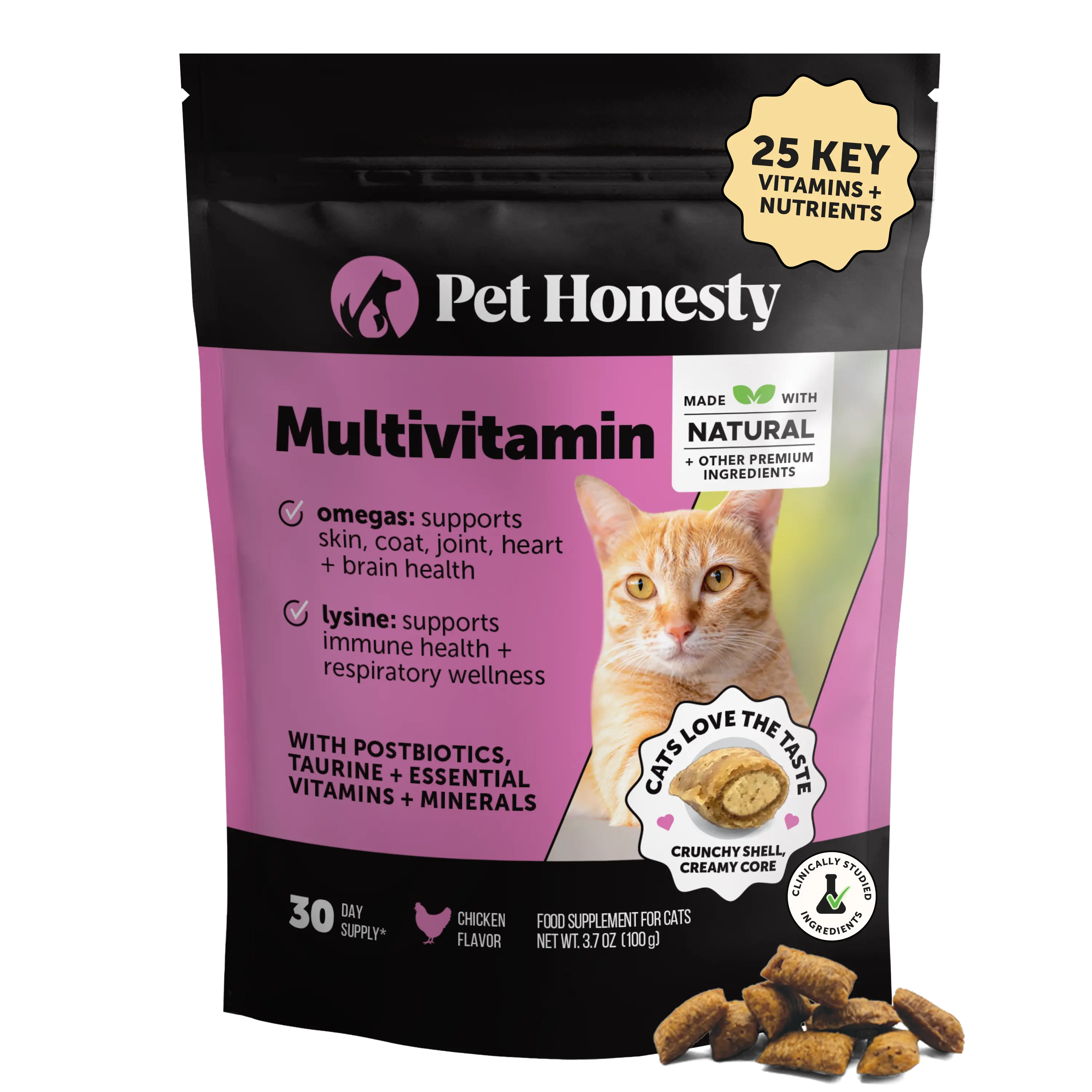 Pet Honesty Crunchy, Creamy Daily Multivitamin for Cat Treat Alternative (Chicken Flavor) 3.7 oz - Supports Immune, Heart, Joint, Skin & Gut Health Supplement for Cats with Natural Ingredients
