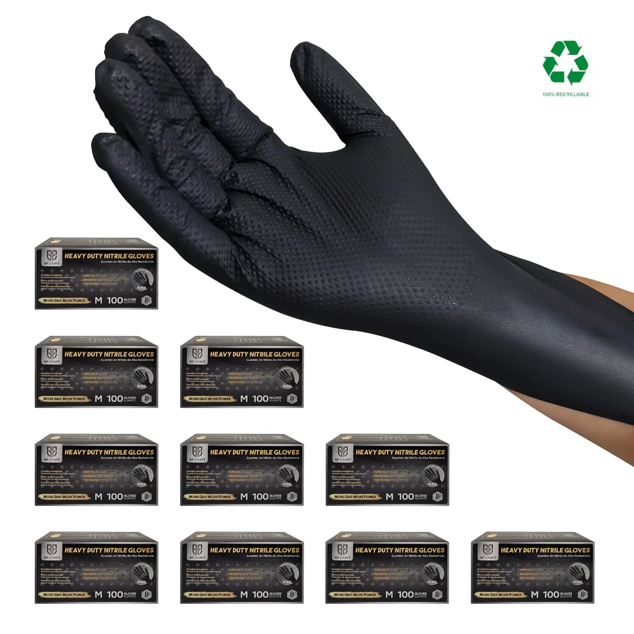 GP Craft 8Mil Diamond Textured Waterproof Nitrile Disposable Gloves - 100PCS Black Industrial Box, Latex-Free, Powder-Free, Ambidextrous, Soft, Safety, Protect Hands, for Desk, Warehouse, Automotive Cleaning