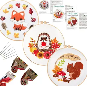 3 Set Animal Embroidery Kits for Beginners with Autumn Squirrel Hedgehog Fox Pattern,Adults Starter Cross Stitch Kit DIY Needlepoint