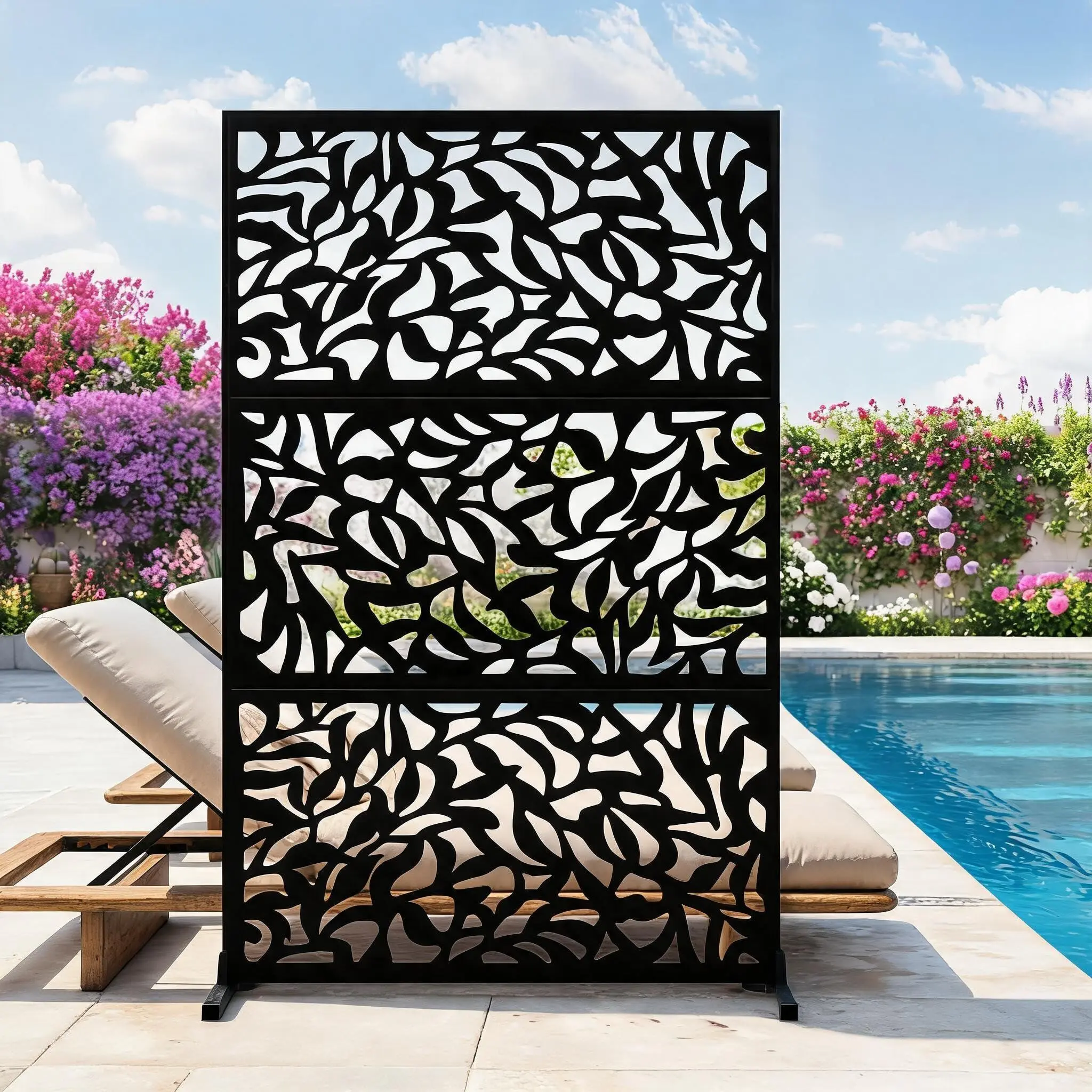 Black Rectangular Outdoor Galvanized Steel Privacy Screen, 72x47 in Freestanding Laser Cut Leaf Decorative Fence Panel with Stand, Weatherproof for Patio Garden Backyard