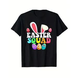 Men'S Funny Easter Squad Graphic T-Shirt with Colorful Painted Eggs & Bunny Ears - Black Casual Round Neck Tee for Easter Egg Hunt, Spring Parties & Casual Attire - Comfortable Holiday Apparel for Adults