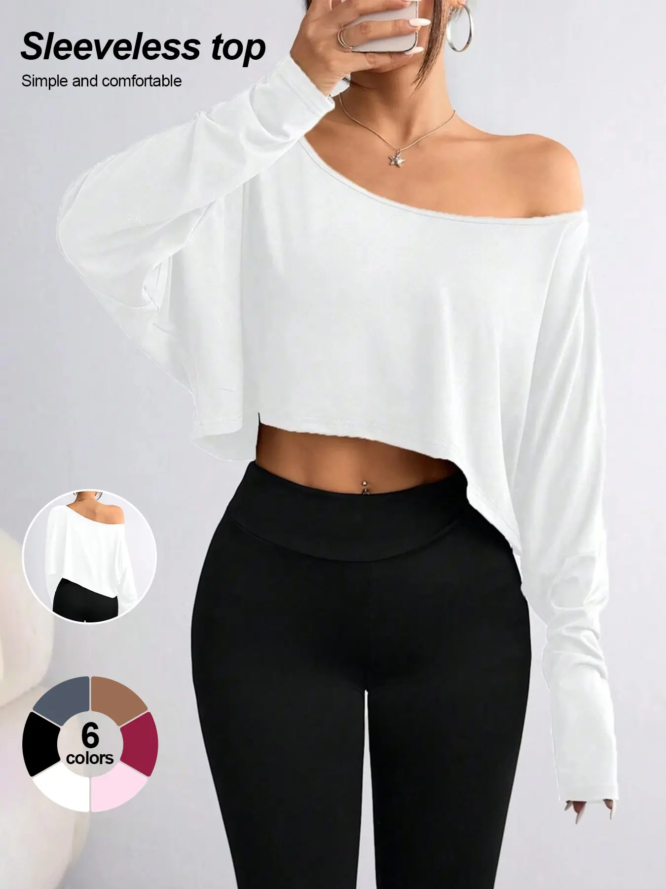 Street Chic Baggy Crop Top, Women's Sexy Asymmetrical Long Sleeve Blouse for Outdoors and Party, Sweet, Blouses, Short, Polyester, Classic