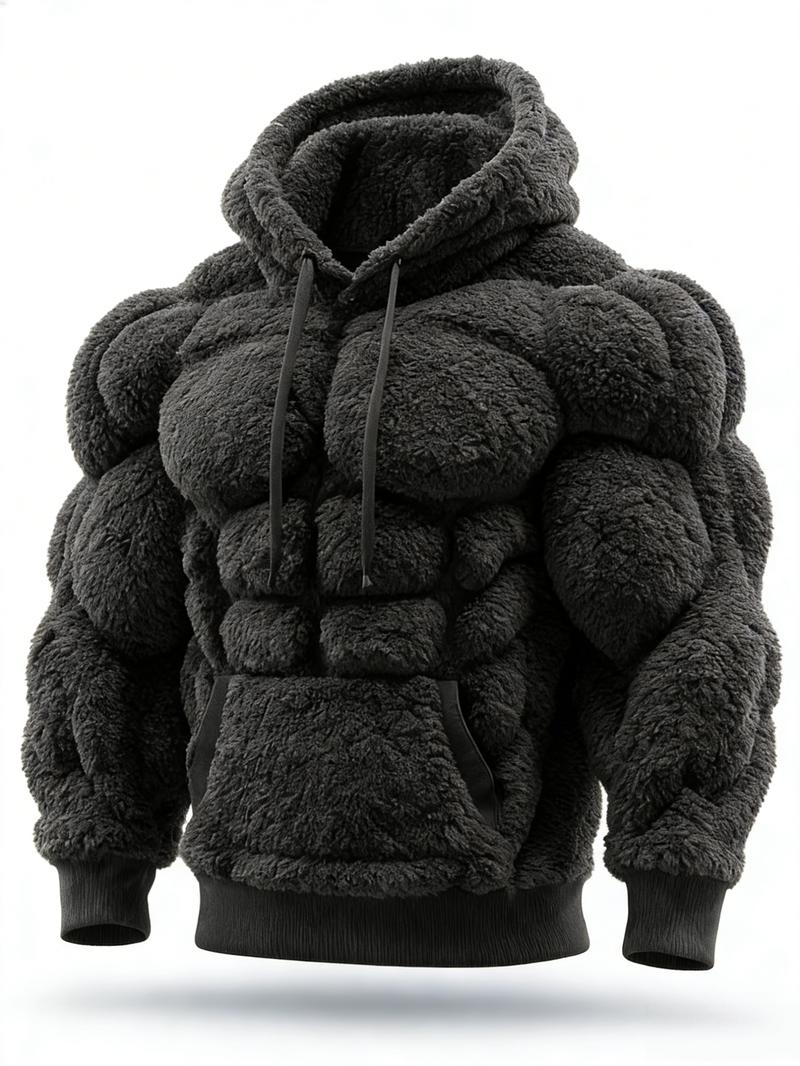 Men's Muscle Hoodie-Plush Fleece Sweatshirt for Outdoor,2D Street Style Muscle Line Fuzzy Cotton Blend Hoodie
