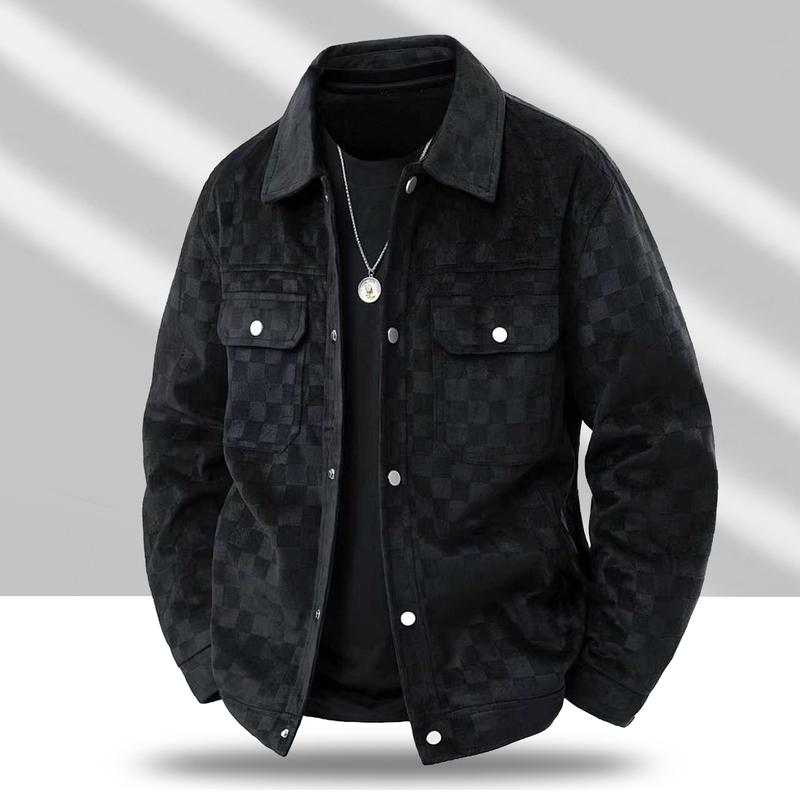 Men's Black Patterned Suede Wool Jacket with Front Flap Pockets and Button Closure, Suitable for Autumn Wear - Fashionable and Practical Top - Aesthetic - Fashion men outfits SpringStatements