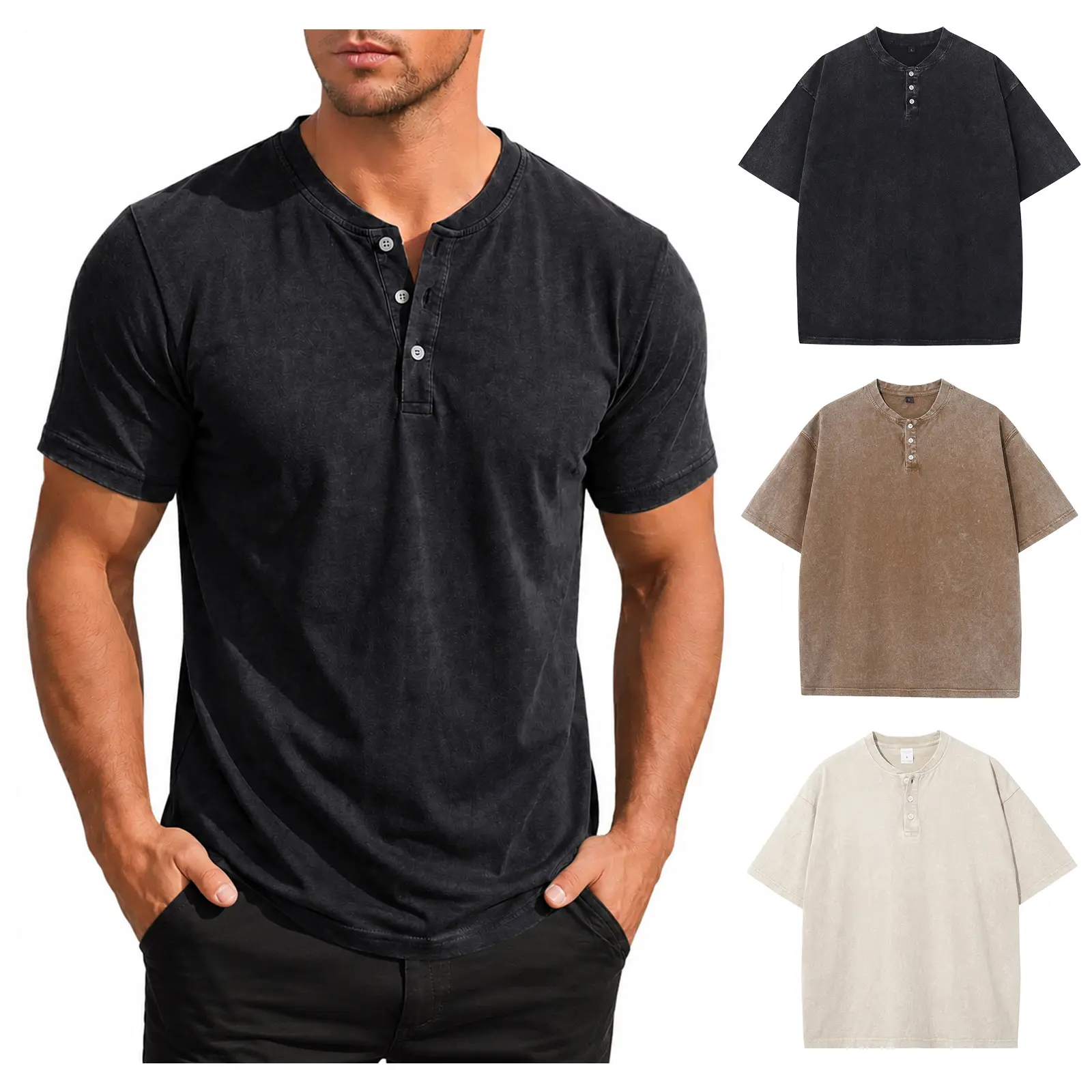 Gihuo Men's 3-Pack Casual Short-Sleeve Henley Shirts - Cotton Acid Wash Vintage Loose Menswear Streetwear Summer Apparel Tees