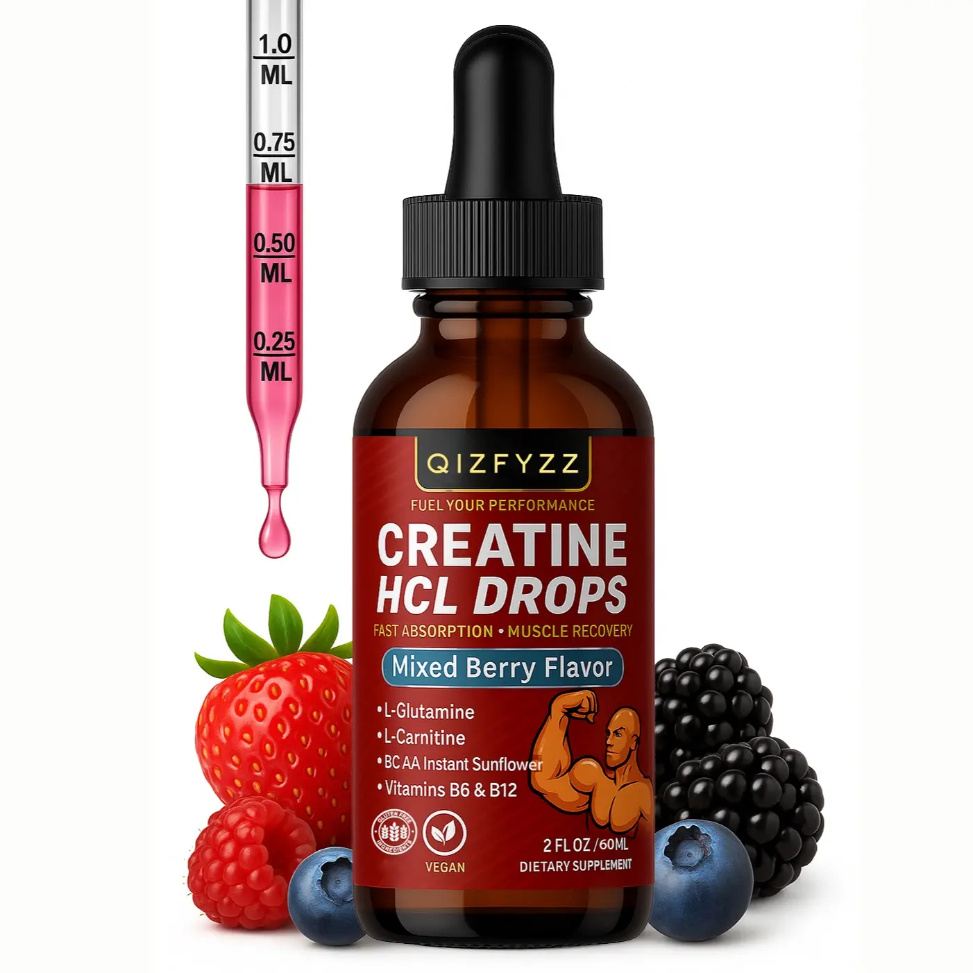 Liquid Creatine HCL Drops Pre Workout Supplement for Men - Non-GMO Vegan Mixed Berry Flavor, 2 Fl Oz Nutrition & Fitness Endurance Supplement Stack with L-Carnitine, L-Glutamine, BCAAs, B12, B6, Bloating Relief, Nutrition Supplement
