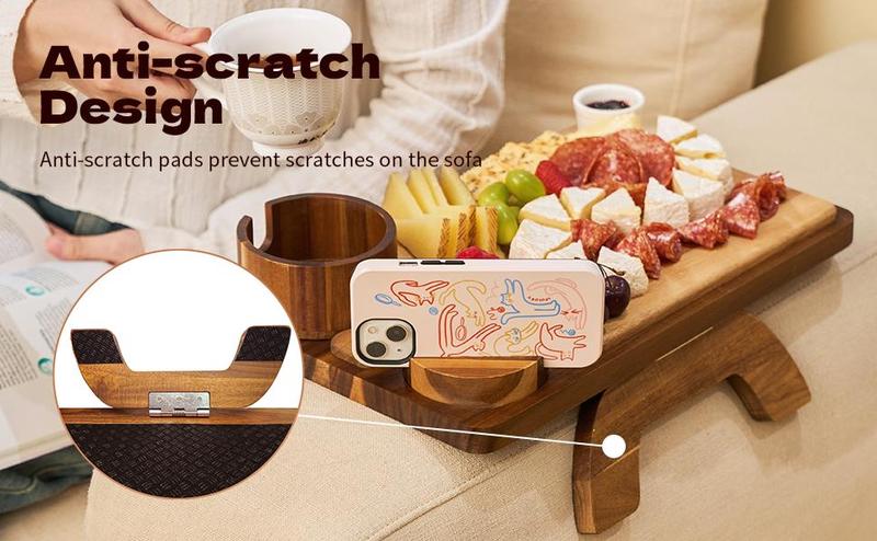 【NewYear2026】2-in-1 Sofa Arm Table Charcuterie Board | Acacia Wood | Tray Space-Saving for Home Office TV Snacks Gifts Anti-Slip & Scratch