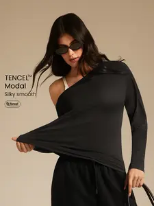 GLOWMODE TENCEL Modal Drift Off Lightweight Silky Smooth Asymmetrical Off Shoulder Long Sleeve Active Top Low-Impact Yoga Pilates Gym Studio Daily Casual Wear