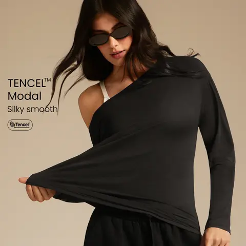 GLOWMODE TENCEL Modal Drift Off Lightweight Silky Smooth Asymmetrical Off Shoulder Long Sleeve Active Top Low-Impact Yoga Pilates Gym Studio Daily Casual Wear