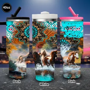 1pc 40oz Dynamic Western Art, Turquoise and Floral Design Tumbler with Lid and straw, Winter Insulated Travel Mug, Gift for Women Men, Ideal for Valentine's Day, Birthday Gift, Coffee Cup for Office