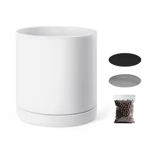 12-Inch Large Cylinder Ceramic Planter – Drainage Holes, Non-Slip Pads & Detachable Saucer, Modern Indoor/Outdoor Tree Pot for Home & Office Decor