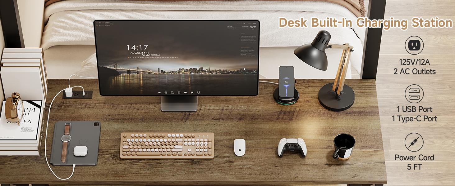 【SPOTLIGHT DAY】ONBRILL Bunk Bed Twin Over Twin, Bunk Beds with Power Desk & Outlet, Metal Bunkbeds Frame with Safety Guardrail & Ladders, Upper Bed with Storage Rack, Heavy-Duty