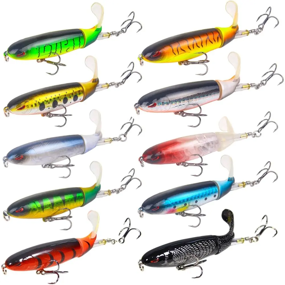 10Pcs/Set Whopper Fishing Lure for Bass Popper Top Water Fishing Lures,with Floating Rotating Tail Barb Treble Hooks,in Saltwater Freshwater Plopping Lures Kit,Halloween Party Gifts,Hand Tools Kits