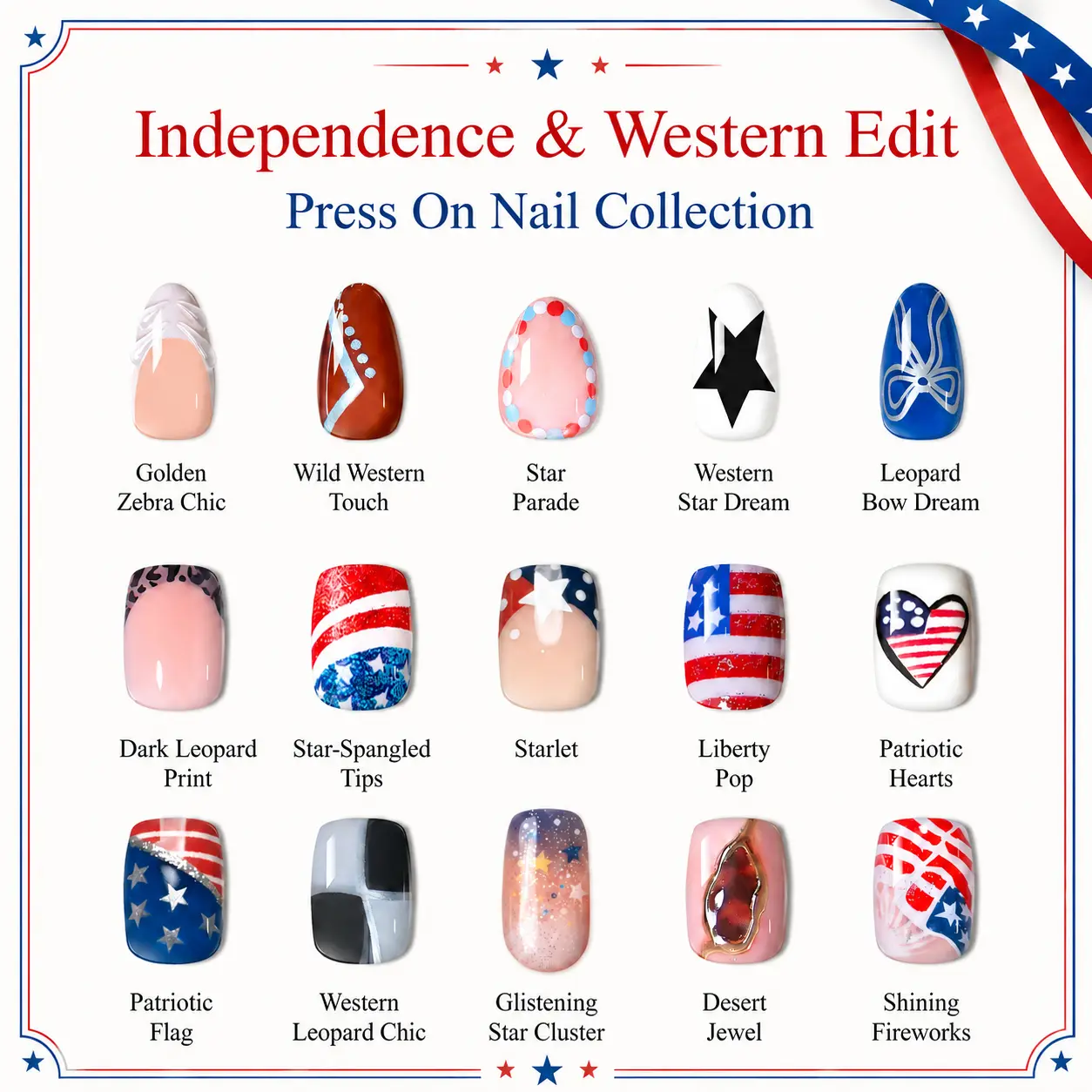 CurvLife Independence & Western Press on Nail Collection – Almond & Square Styles, Cow Print, Leopard, Cherry, Checkered & Southwestern Art, Glossy Finish, Reusable Statement Nails for Daily & Trendy Looks