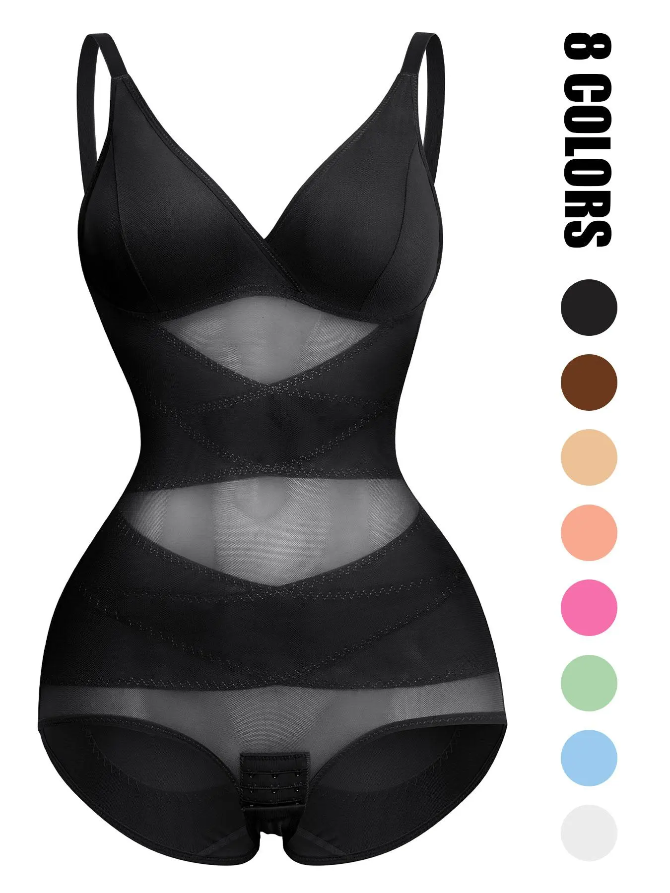 Women's Plain Sheer Mesh V Neck Shapewear Bodysuit, Casual Adjustable Strap High Stretch Shapewear Clothing, Women's Shapewear, Body Shapewear