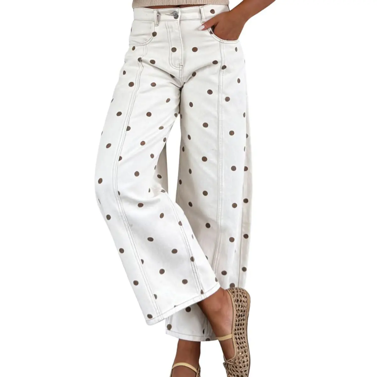 Chouyatou Women's Polka Dot Mid-Rise Barrel-Leg Jeans Y2K Casual Mid-Rise Wide-Leg Jeans with Pockets,back to school shopping