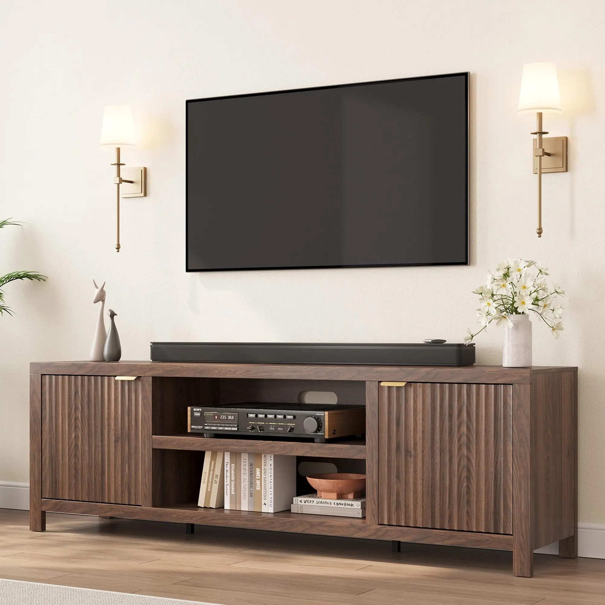 80-Inch Fluted Wooden TV Stand - Modern Entertainment Center with Storage, Fluted Doors and Gold Handles - Natural Oak Furniture Living Room, Living Room Decor