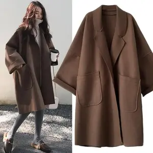 Elegant Woollen Trench Coat Winter for Women Vintage Windbreakers Jacket Mid-Length Loose Turn-Down Collar Plus Size 4XL Cardigan