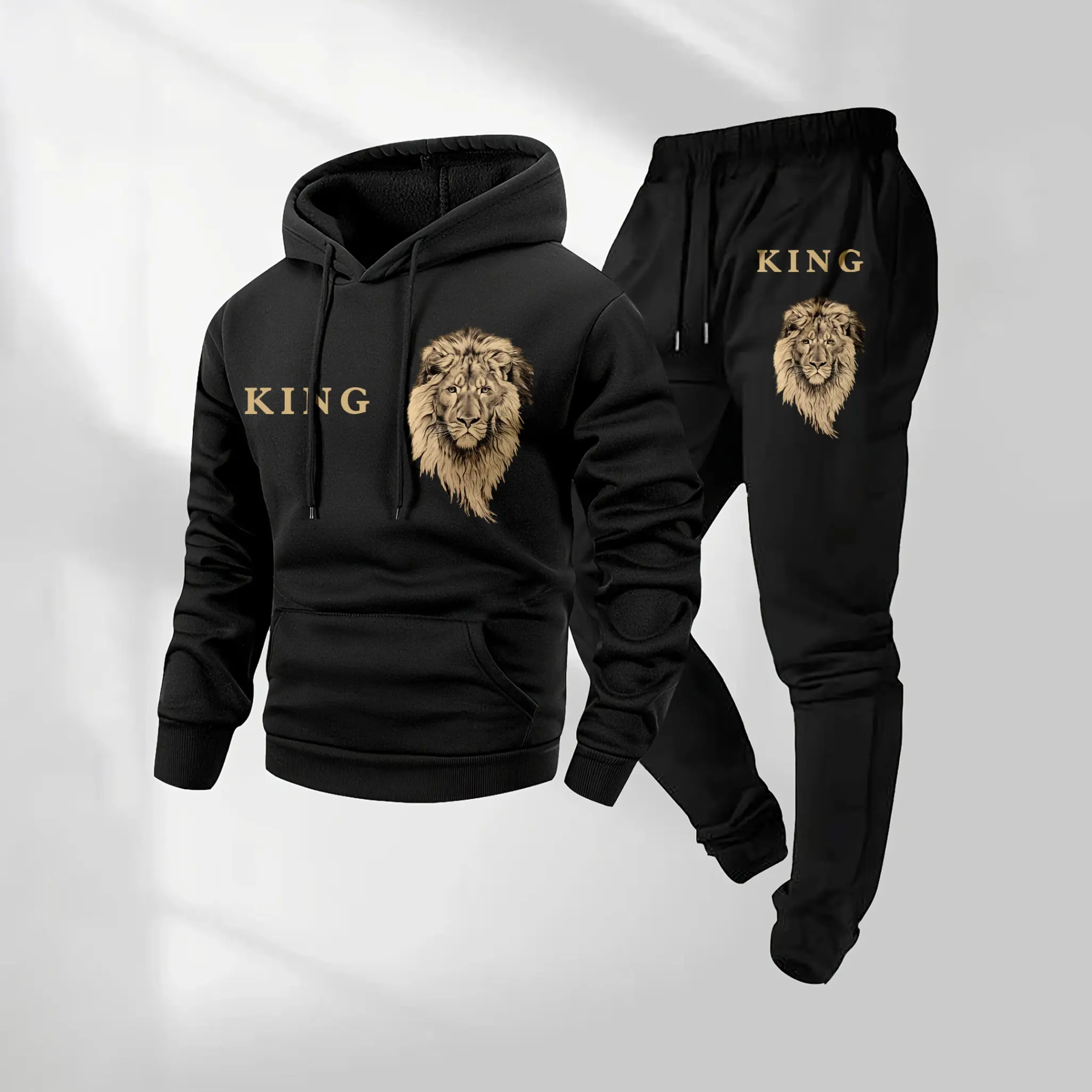 Men's 2-Piece Casual Fit Minimalist Lion King Print Hoodie & Drawstring Sweatpants Set - Long-Sleeve Hooded Jacket with Pockets, Joggers, Machine Washable Fall Winter Streetwear Mensfashion Regular Sets, Men's 2 Piece Sets