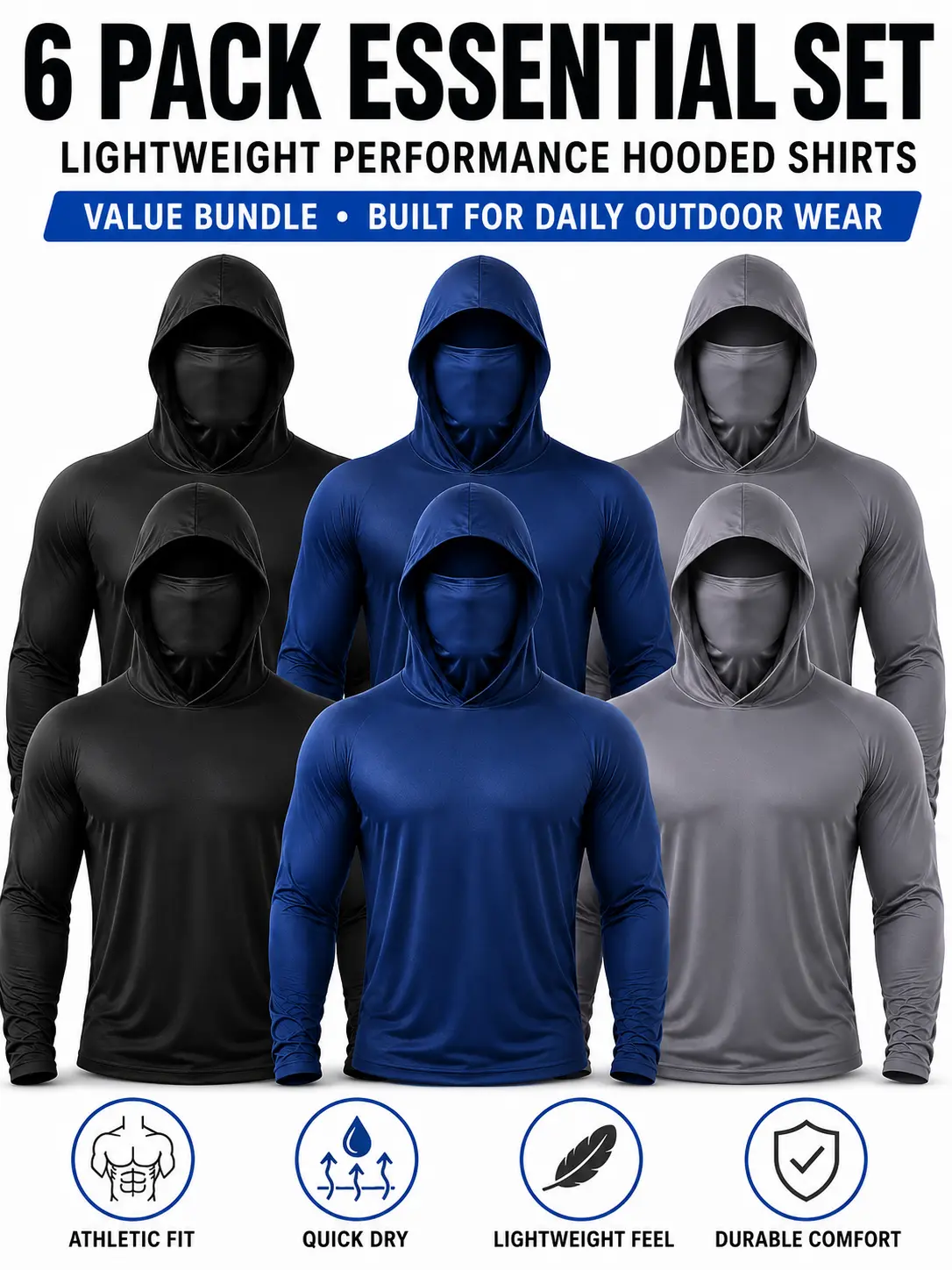 [6-Pack] Men's Lightweight Sun Protection Work Hoodies, Long-Sleeve Breathable Shirts with Built-In Face Cover for Hot Weather Outdoor Jobs and Sports