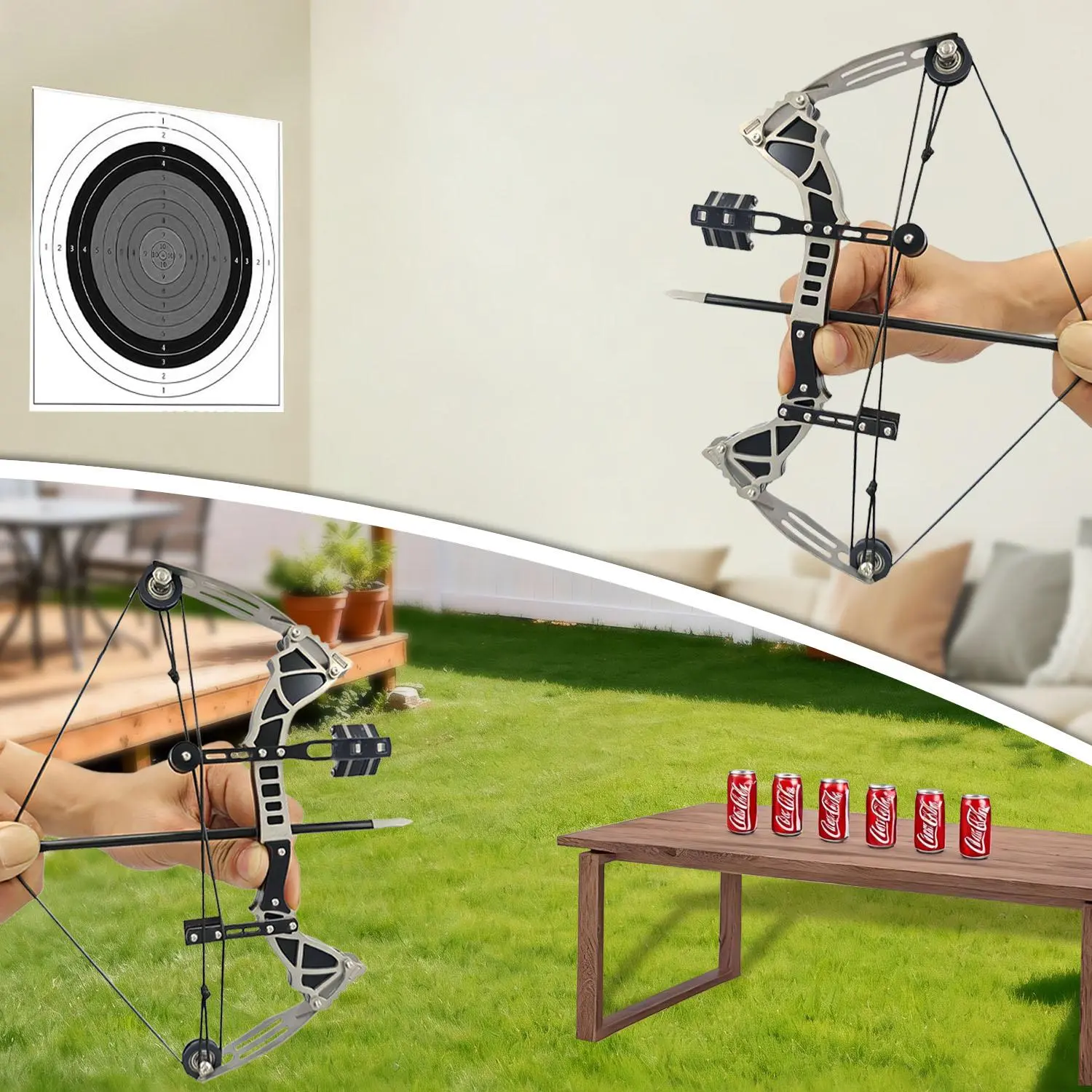 9.5-inch stainless steel mini composite bow, small arrows, suitable for beginner archery practice, entertainment and fun gift, mini bow archery set FEEGO