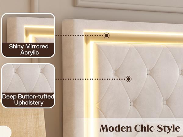 AMERLIFE Modern Bed Frame with RGB LED Lights, Adjustable Headboard Velvet Button Tufted/Acrylic Mirror Accents/Smart APP&Remote Control/No Box Spring Needed/Sophistication Design/Furniture Room/Full/Queen Size/Best Gift Ideas/Christmas Gifts