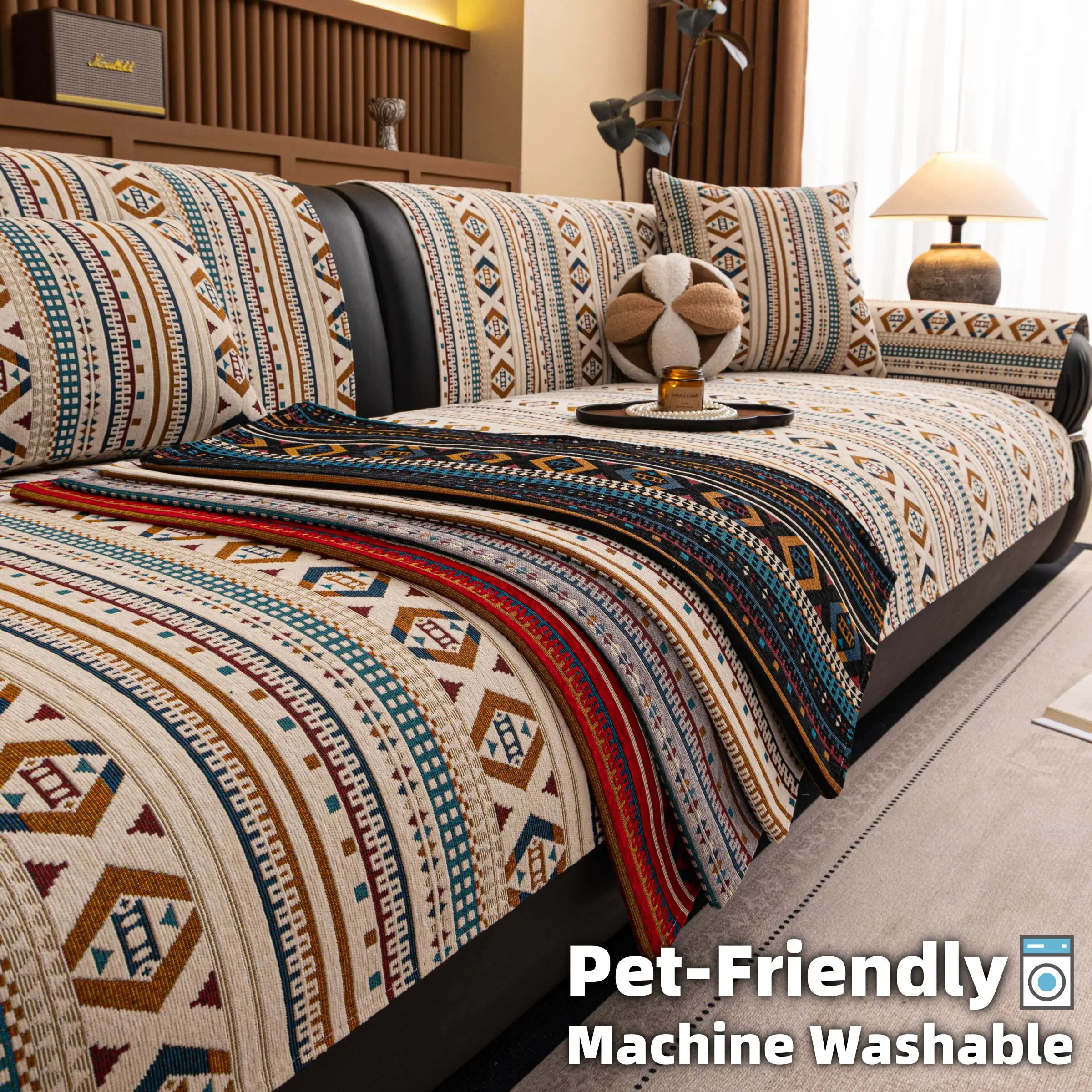 Boho Geometric Sofa Cover 1PC, Decorative Sofa Cover, Thick Woven Couch Covers, Non Slip Sofa Protector for Dogs Cats, Machine Washable Anti-Scratch Couch Cover, Washable Sofa Slipcover, Sectional L Shape Chaise, 1/2/3/4 Seater Living Room Decor
