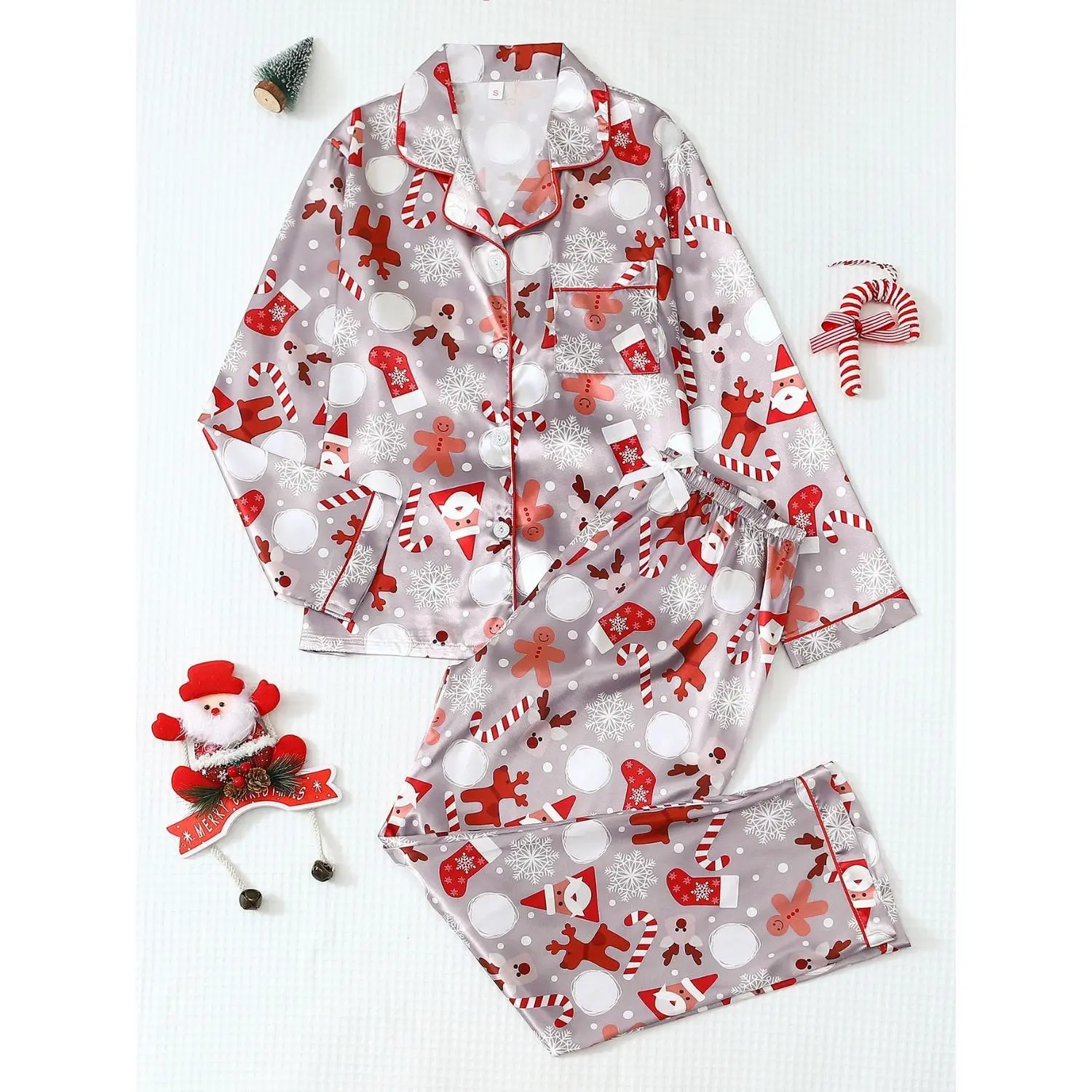 2pcs Women's Satin Christmas Snowflake Reindeer Pajama Set - Long Sleeve Button-Up Top and Pants Loungewear for Autumn and Winter