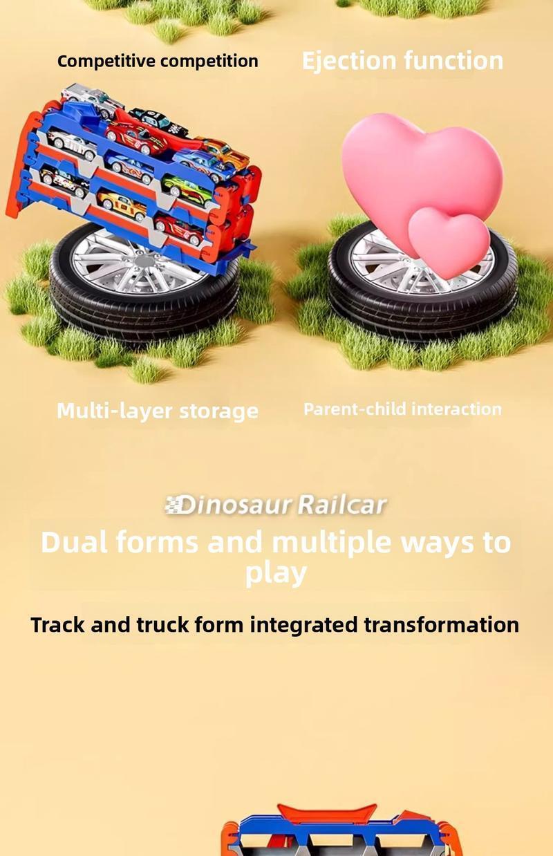 Dino Car Carrier Playset – Transforming Dinosaur Transport Truck with 12 Mini Die-Cast Cars, Launch Ramps & Storage, Toddler Toy for Ages 3–6 Transforming Dinosaur Transport Truck
