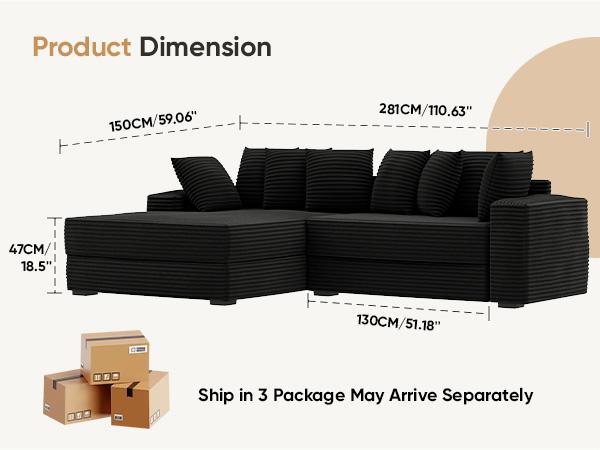 【3 Packages shipping】111‘’ Sectional Cloud Couches with L Shaped Chaise, Extra Large Sleeper Couch Reversible Corduroy with 8pcs Pillows for Living Room, Bedroom-Beige