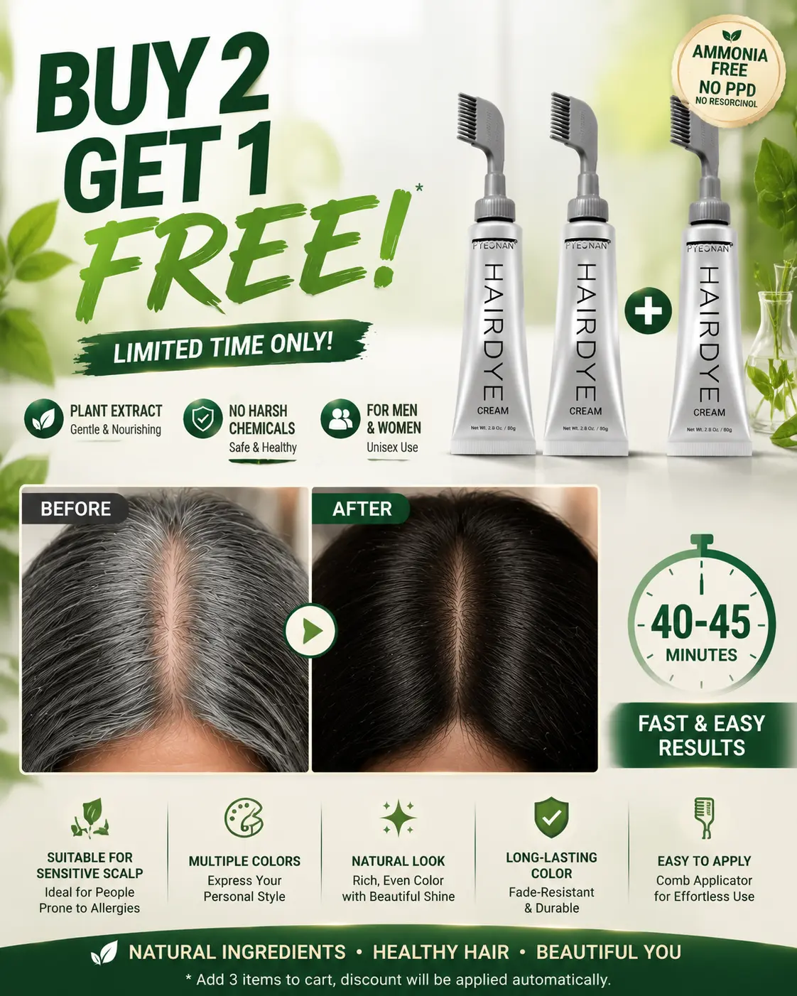 Hair Dye Cream with Comb Applicator, Plant Extract Hair Color, Gentle & Safe Formula, No Harsh Chemicals, Covers Gray Hair, Natural Color Finish, Easy DIY Hair Coloring for Men and Women